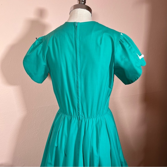 Vintage Cottagecore Full Skirt Ribbon detail green teal Party Dress Country Sm - Picture 7 of 17